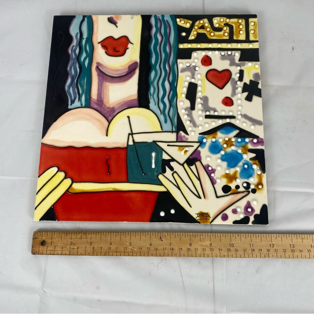 Signed Turov Ceramic Wall Art 12x12 Pop Art Woman Martini Abstract Plaque